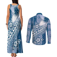 Tonga Kupesi Ngatu Couples Matching Tank Maxi Dress and Long Sleeve Button Shirt Vintage Blue Plumeria