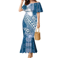 Tonga Kupesi Ngatu Family Matching Mermaid Dress and Hawaiian Shirt Vintage Blue Plumeria LT05 Mom's Dress Blue - Polynesian Pride