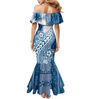 Tonga Kupesi Ngatu Family Matching Mermaid Dress and Hawaiian Shirt Vintage Blue Plumeria LT05 - Polynesian Pride