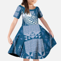 Tonga Kupesi Ngatu Family Matching Off The Shoulder Long Sleeve Dress and Hawaiian Shirt Vintage Blue Plumeria LT05 Daughter's Dress Blue - Polynesian Pride