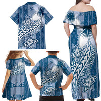 Tonga Kupesi Ngatu Family Matching Off Shoulder Maxi Dress and Hawaiian Shirt Vintage Blue Plumeria