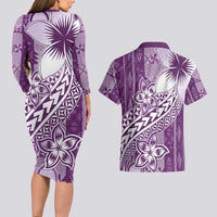 Tonga Kupesi Ngatu Couples Matching Long Sleeve Bodycon Dress and Hawaiian Shirt Vintage Purple Plumeria LT05 - Polynesian Pride