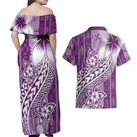Tonga Kupesi Ngatu Couples Matching Off Shoulder Maxi Dress and Hawaiian Shirt Vintage Purple Plumeria