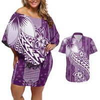 Tonga Kupesi Ngatu Couples Matching Off Shoulder Short Dress and Hawaiian Shirt Vintage Purple Plumeria