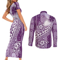 Tonga Kupesi Ngatu Couples Matching Short Sleeve Bodycon Dress and Long Sleeve Button Shirt Vintage Purple Plumeria LT05 - Polynesian Pride
