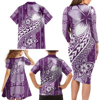 Tonga Kupesi Ngatu Family Matching Long Sleeve Bodycon Dress and Hawaiian Shirt Vintage Purple Plumeria LT05 - Polynesian Pride
