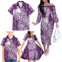 Tonga Kupesi Ngatu Family Matching Off The Shoulder Long Sleeve Dress and Hawaiian Shirt Vintage Purple Plumeria LT05 - Polynesian Pride