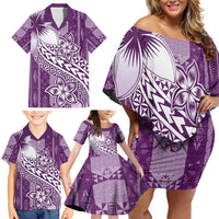 Tonga Kupesi Ngatu Family Matching Off Shoulder Short Dress and Hawaiian Shirt Vintage Purple Plumeria