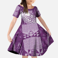 Tonga Kupesi Ngatu Family Matching Puletasi and Hawaiian Shirt Vintage Purple Plumeria LT05 Daughter's Dress Purple - Polynesian Pride