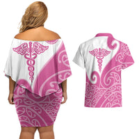 Personalised New Zealand Nurse Couples Matching Off Shoulder Short Dress and Hawaiian Shirt Maori Koru Pink Version LT05 - Polynesian Pride