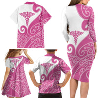 Personalised New Zealand Nurse Family Matching Long Sleeve Bodycon Dress and Hawaiian Shirt Maori Koru Pink Version LT05 - Polynesian Pride