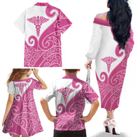 Personalised New Zealand Nurse Family Matching Off The Shoulder Long Sleeve Dress and Hawaiian Shirt Maori Koru Pink Version LT05 - Polynesian Pride