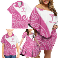 Personalised New Zealand Nurse Family Matching Off Shoulder Short Dress and Hawaiian Shirt Maori Koru Pink Version LT05 - Polynesian Pride