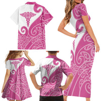 Personalised New Zealand Nurse Family Matching Short Sleeve Bodycon Dress and Hawaiian Shirt Maori Koru Pink Version LT05 - Polynesian Pride