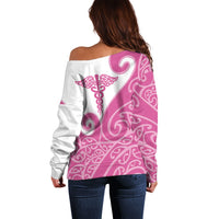 Personalised New Zealand Nurse Off Shoulder Sweater Maori Koru Pink Version