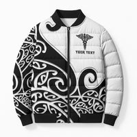 Personalised New Zealand Nurse Bomber Puffer Jacket Maori Koru Black Version