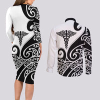 Personalised New Zealand Nurse Couples Matching Long Sleeve Bodycon Dress and Long Sleeve Button Shirt Maori Koru Black Version LT05 - Polynesian Pride