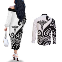Personalised New Zealand Nurse Couples Matching Off The Shoulder Long Sleeve Dress and Long Sleeve Button Shirt Maori Koru Black Version LT05 - Polynesian Pride