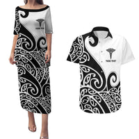 Personalised New Zealand Nurse Couples Matching Puletasi and Hawaiian Shirt Maori Koru Black Version