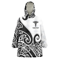 Personalised New Zealand Nurse Wearable Blanket Hoodie Maori Koru Black Version