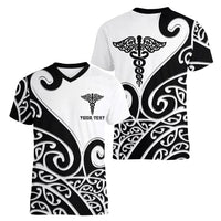 Personalised New Zealand Nurse Women V-Neck T-Shirt Maori Koru Black Version