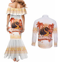 Hawaiian Volcano Lava Flow Couples Matching Mermaid Dress and Long Sleeve Button Shirt With Hawaiian Tapa Pattern