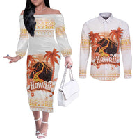 Hawaiian Volcano Lava Flow Couples Matching Off The Shoulder Long Sleeve Dress and Long Sleeve Button Shirt With Hawaiian Tapa Pattern