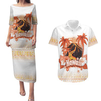 Hawaiian Volcano Lava Flow Couples Matching Puletasi and Hawaiian Shirt With Hawaiian Tapa Pattern