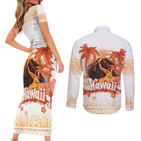 Hawaiian Volcano Lava Flow Couples Matching Short Sleeve Bodycon Dress and Long Sleeve Button Shirt With Hawaiian Tapa Pattern