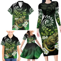 Aotearoa New Zealand Tuatara Family Matching Long Sleeve Bodycon Dress and Hawaiian Shirt Maori Koru Art LT05 - Polynesian Pride