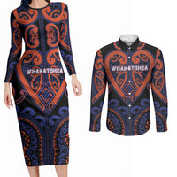 Custom Aotearoa Whakatohea Couples Matching Long Sleeve Bodycon Dress and Long Sleeve Button Shirt Maori Tribal Pattern LT05 Navy - Polynesian Pride
