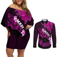 Personalized Hawaii Maui Couples Matching Off Shoulder Short Dress and Long Sleeve Button Shirts Polynesian Fish Hook Hibiscus Pink Version LT05 Pink - Polynesian Pride