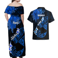 Hawaii Maui Couples Matching Off Shoulder Maxi Dress and Hawaiian Shirt Polynesian Fish Hook Hibiscus Blue Version LT05 - Polynesian Pride