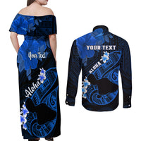 Personalized Hawaii Maui Couples Matching Off Shoulder Maxi Dress and Long Sleeve Button Shirts Polynesian Fish Hook Hibiscus Blue Version LT05 - Polynesian Pride