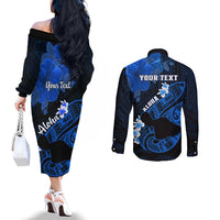 Personalized Hawaii Maui Couples Matching Off The Shoulder Long Sleeve Dress and Long Sleeve Button Shirts Polynesian Fish Hook Hibiscus Blue Version LT05 - Polynesian Pride