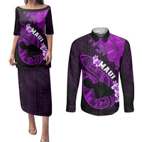 Personalized Hawaii Maui Couples Matching Puletasi Dress and Long Sleeve Button Shirts Polynesian Fish Hook Hibiscus Purple Version LT05 Purple - Polynesian Pride