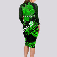 Hawaii Maui Long Sleeve Bodycon Dress Polynesian Fish Hook Hibiscus Green Version LT05 - Polynesian Pride