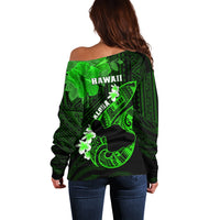 Hawaii Maui Off Shoulder Sweater Polynesian Fish Hook Hibiscus Green Version LT05 - Polynesian Pride