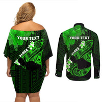 Personalized Hawaii Maui Couples Matching Off Shoulder Short Dress and Long Sleeve Button Shirts Polynesian Fish Hook Hibiscus Green Version LT05 - Polynesian Pride