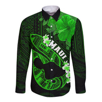 Personalized Hawaii Maui Long Sleeve Button Shirt Polynesian Fish Hook Hibiscus Green Version LT05 Unisex Green - Polynesian Pride