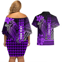 Personalized Hawaii Couples Matching Off Shoulder Short Dress and Hawaiian Shirt Hammerhead Shark Kakau Polynesian Tribal Purple LT05 - Polynesian Pride