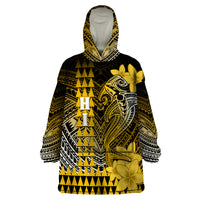 Personalized Hawaii Wearable Blanket Hoodie Hammerhead Shark Kakau Polynesian Tribal Gold LT05 One Size Gold - Polynesian Pride