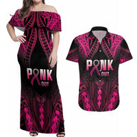 Breast Cancer Pink Out Couples Matching Off Shoulder Maxi Dress and Hawaiian Shirt Polynesian Art Tattoo Black Version