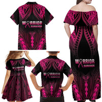 Breast Cancer Pink Out Family Matching Off Shoulder Maxi Dress and Hawaiian Shirt Polynesian Art Tattoo Black Version