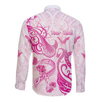 Personalised Breast Cancer Awareness Long Sleeve Button Shirt Ribbon Polynesian Pattern White Version