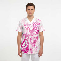 Personalised Breast Cancer Awareness Scrub Top Ribbon Polynesian Pattern White Version - Polynesian Pride