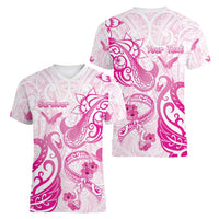Personalised Breast Cancer Awareness Women V-Neck T-Shirt Ribbon Polynesian Pattern White Version