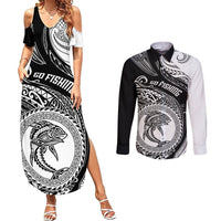 Personalized Go Fishing Couples Matching Summer Maxi Dress and Long Sleeve Button Shirts Polynesian Pattern LT05 Black - Polynesian Pride