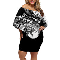 Personalized Go Fishing Off Shoulder Short Dress Polynesian Pattern LT05 Women Black - Polynesian Pride