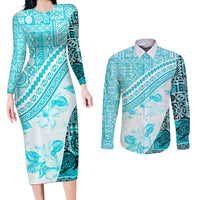 Hawaiian Tapa Couples Matching Long Sleeve Bodycon Dress and Long Sleeve Button Shirt Traditional Vintage Pattern Aqua LT05 Aqua - Polynesian Pride